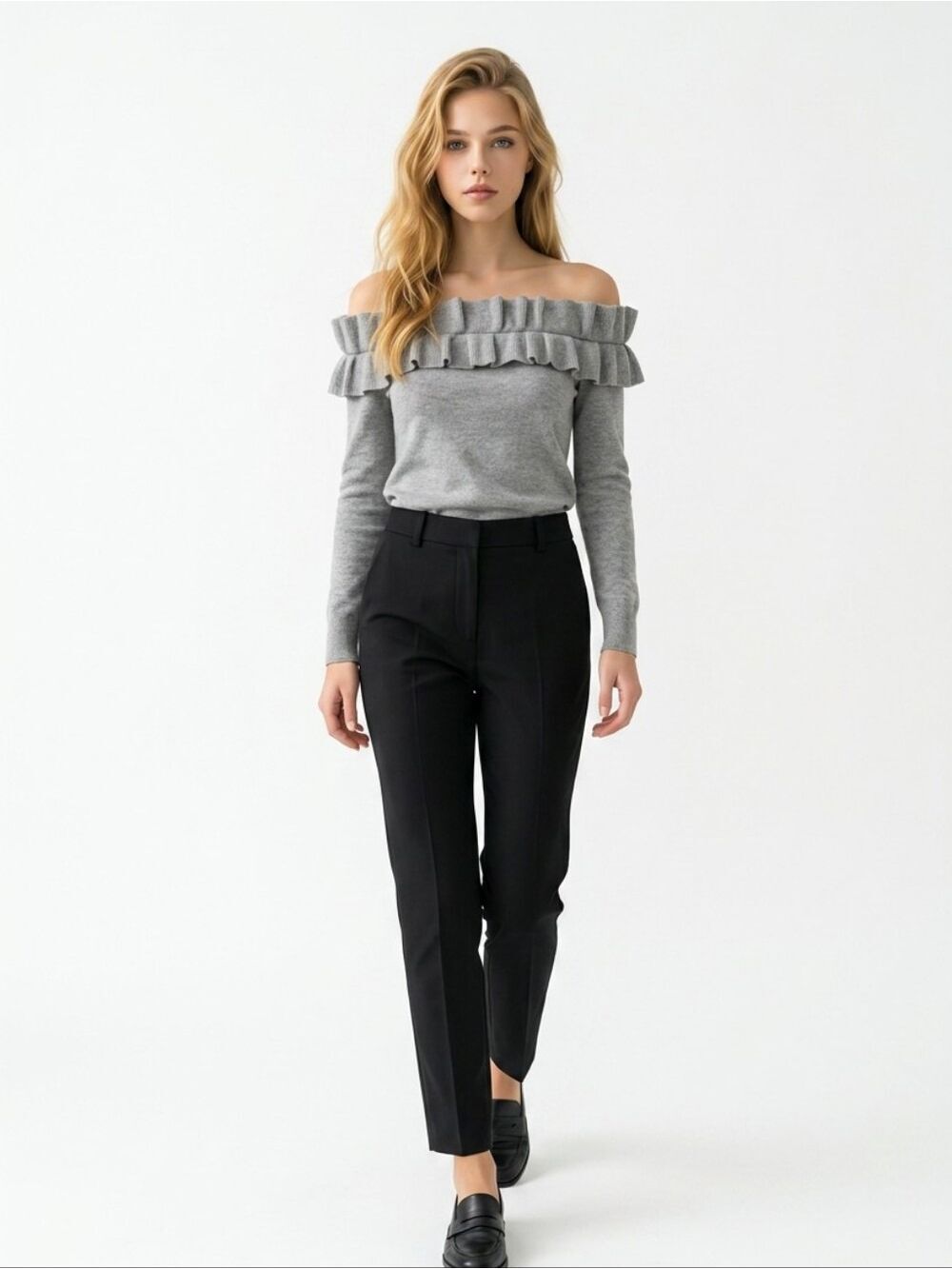 Club Monaco Off-Shoulder Ruffle Cashmere Sweater - Gray - Picture 3 of 9